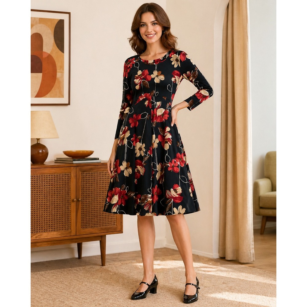 Vintage 70s Tizzie by Gregg Draddy Dress Womens Small Black Red Floral